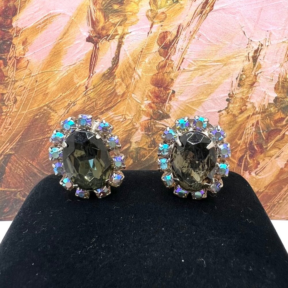 Black Diamond Oval Glass CLIP Earrings FINAL MARKDOWN